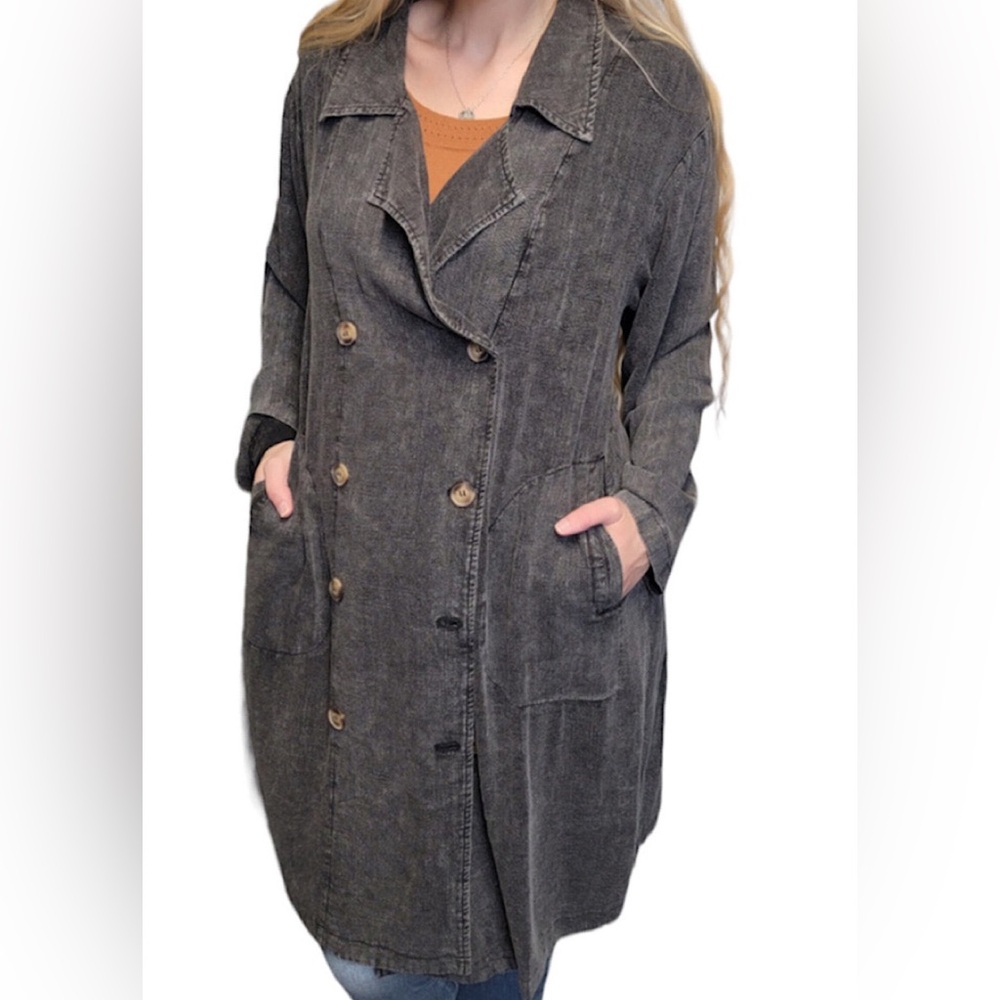 Heyson Black Washed Double Breasted Midi Trench Coat NWT size M